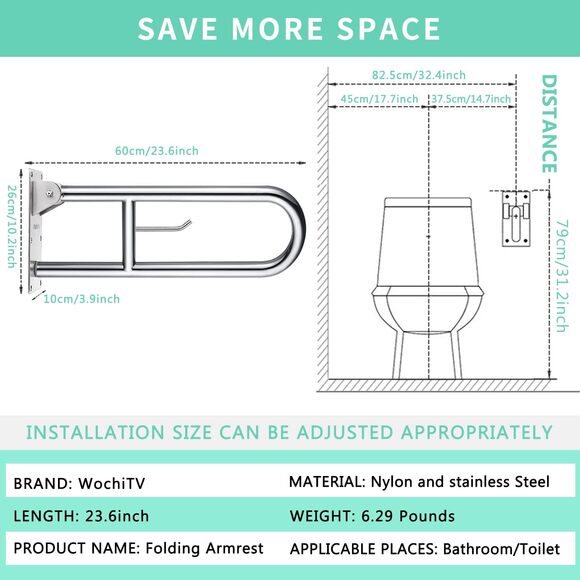 23.6" Stainless Toilet Safety Rails White Elderly Disabled - Picture 4 of 4